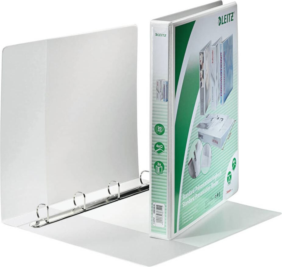 Präsentationsringbuch Leitz Standard 42830001, A4, 4 Ringe, 38mm Rücken, 20mm
Ringdurchmesser/Füllhöhe, weiß, Pack 6 Stück, weiß