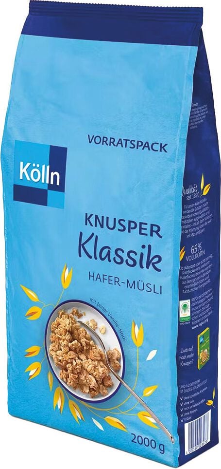 Müsli Kölln Knusper Klassik Hafer 10347000, 65% Vollkorngehalt, vegan & ohne Rosinen, Vorratspack 2.000 g