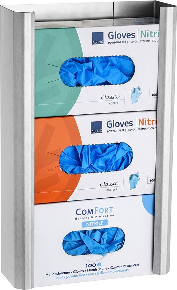 Handschuhspender All Care MediQo-line TRIO MQTHSDE 19485, Kapazität: 3 Pack Handschuhe, Edelstahl, verstellbare Breite 21-27cm, Wandmontage