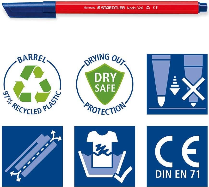Fasermaler Staedtler 326 C100, ca. 1mm, Schulbox mit 100 Stück, aus 97%
recyceltem Plastik