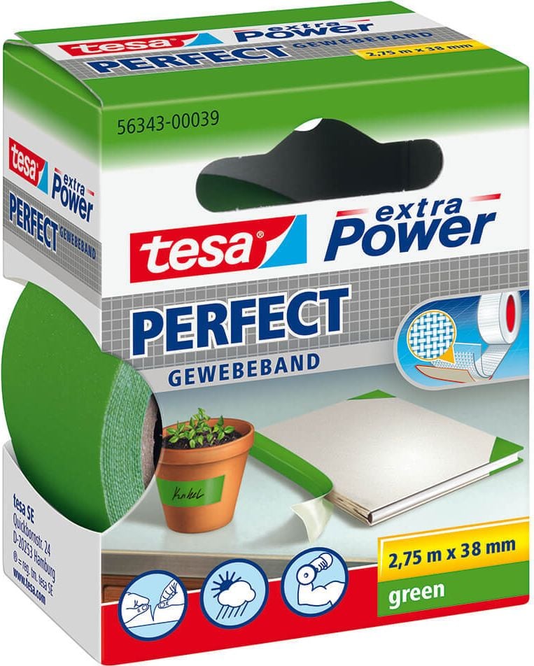Gewebeband Tesa extra Power Perfect 56343, 38mm x 2,75m, beschriftbar, grün
