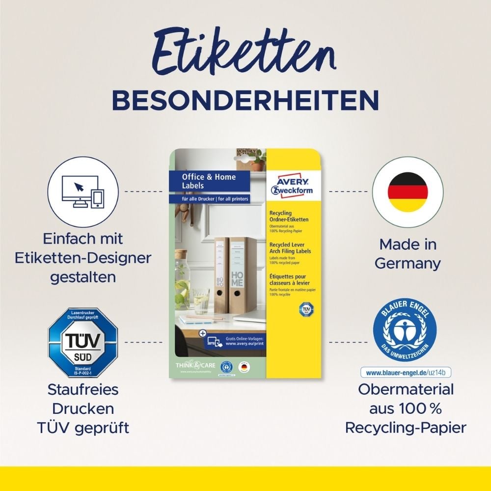 Rückenschilder Zweckform LR4760-10 Recycling, schmal/kurz 192x38mm, auf A4, naturweiß, Pack 10 Blatt/70 Stück