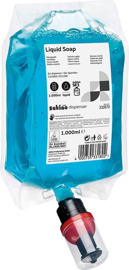 Flüssigseife Satino by WEPA 333373, für Spendersysstem SF1, Einwegbeutel,
parfümiert, Pack 6 Beutel à 1.000ml