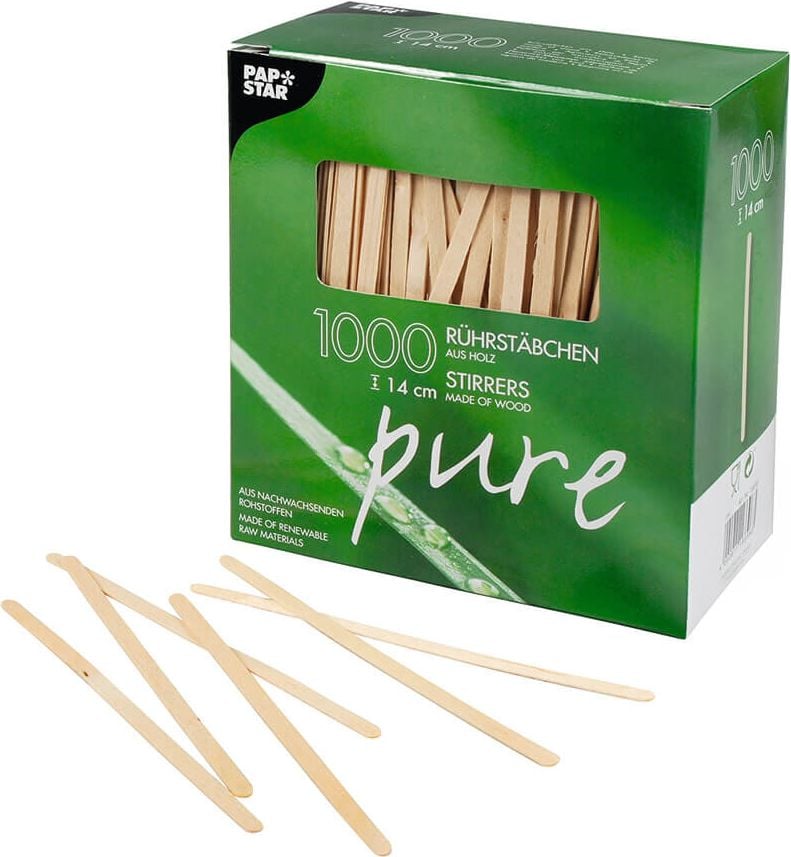 Einwegrührstäbchen Papstar pure 84843, 14cm, FSC-zertifiziertes Holz, natur, Pack 1000 Stück