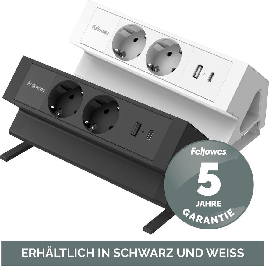 Tischsteckdosenleiste Fellowes Power Desk 2 Type F 2-fach, Tischklemme, 2x Steckdosen (230V), 1x USB-A, 1x USB-C, Kabellänge 2m, schwarz