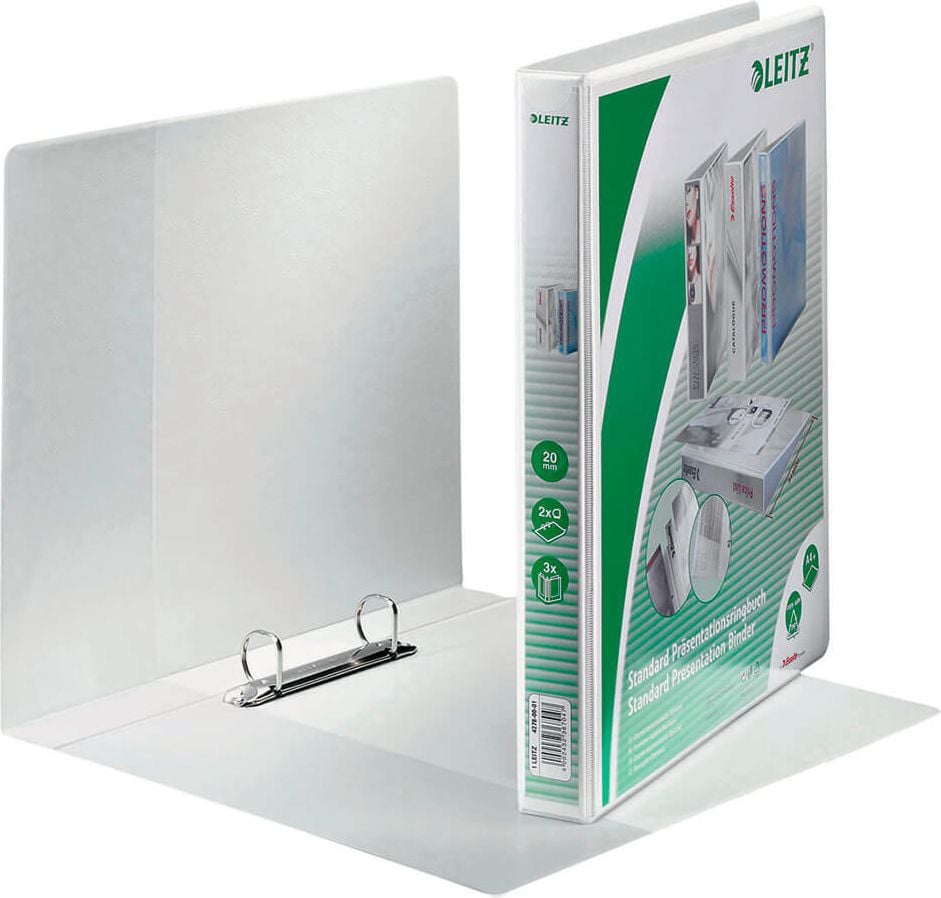 Präsentationsringbuch Leitz Standard 42780001, A4, 2 Ringe, 38mm Rücken, 20mm
Ringdurchmesser/Füllhöhe, weiß, Pack 6 Stück, weiß