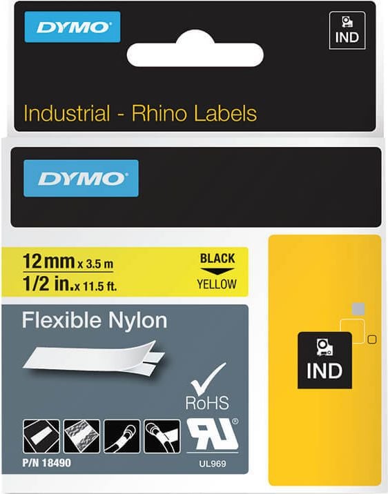 Schriftbänder Dymo RHINO Nylon 18490/S0718080, schwarz auf gelb, 12mm/3,5m, Nylonband