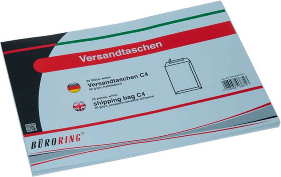 Versandtaschen C4 Büroring BRG307307, 229x324mm, weiß 120 g/m², Haftklebung,
Pack 25 Stück