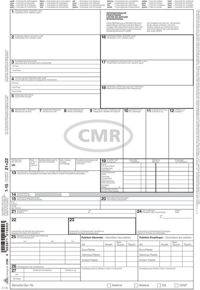 Internationaler Frachtbrief (CMR) RNK 2100, DIN A4 hoch, selbstdurchschreibend,
50 Satz à 4 Blatt