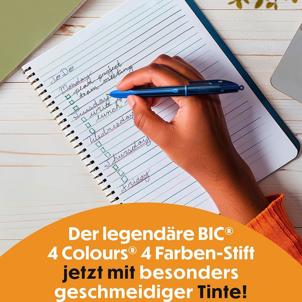 Vierfarbkugelschreiber BIC 4 Colours Smooth 524095, Schreibfarben: blau, schwarz, grün und rot, nachfüllbar, Schaft: dunkel-/hellblau, Pack 12 Stück