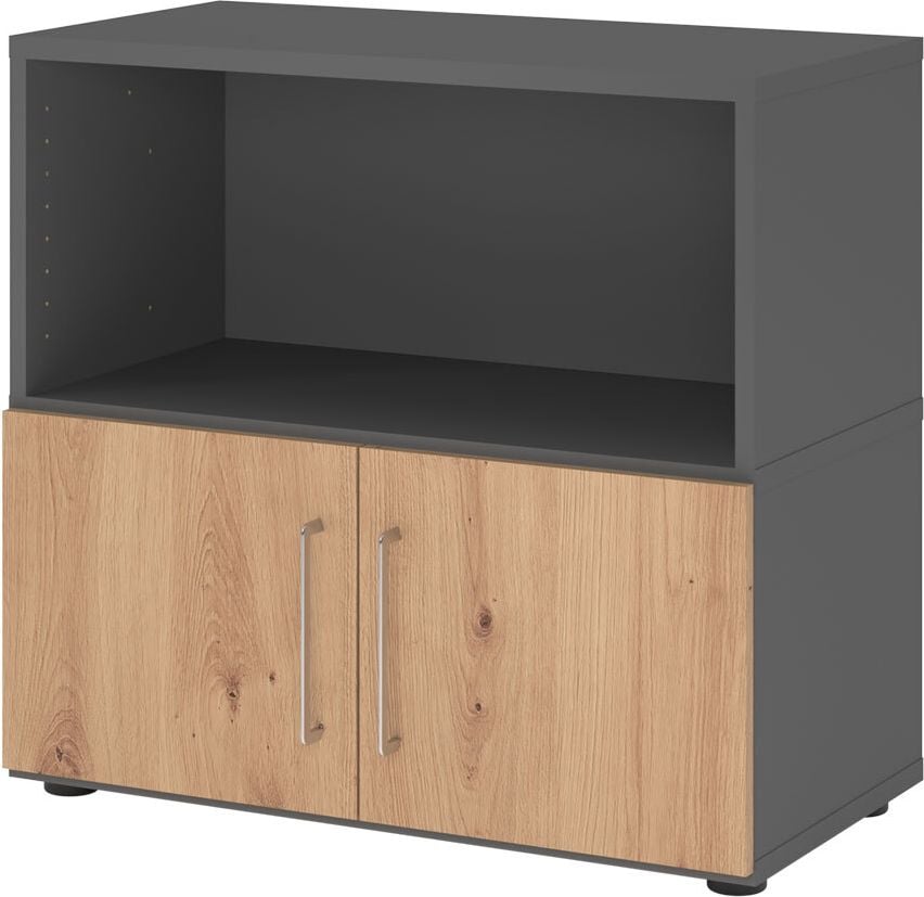 Regal Hammerbacher VFW28T1KG/G mit Türen, Threespine-Klicksystem, 80 x 41,7 x 74,6 cm
(B x T x H), mit Stellfüßen, 2 Ordnerhöhen,
Korpus: graphit, asteiche