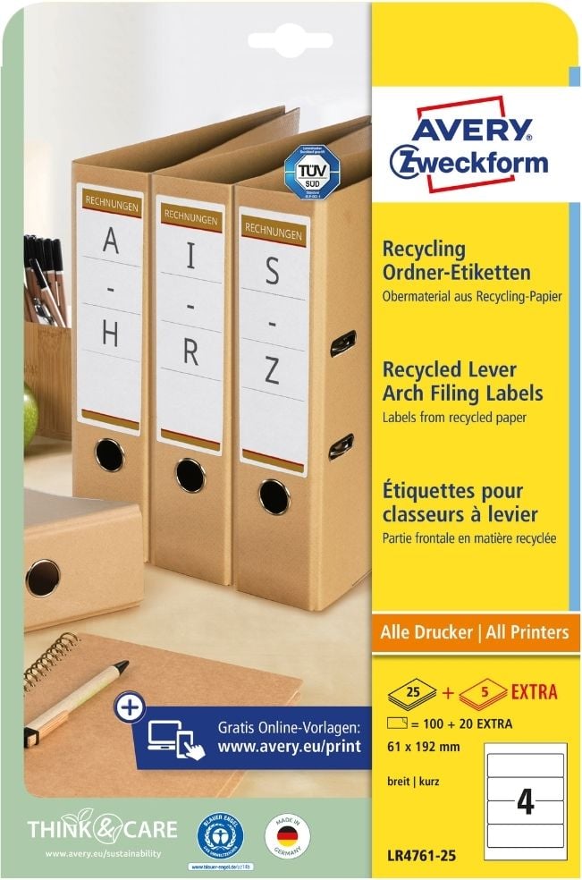 Rückenschilder Zweckform LR4761-25 Recycling, breit/kurz, 192x61mm, auf A4, naturweiß, Pack 30 Blatt/120 Stück