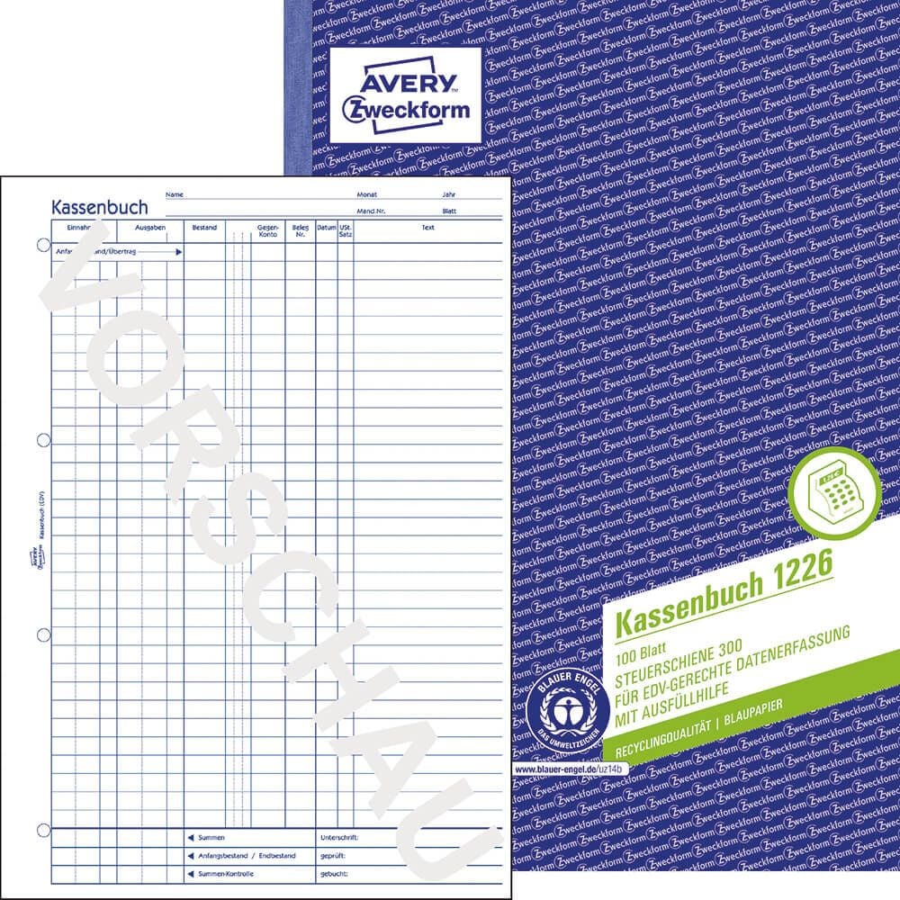 Kassenbuch Zweckform 1226 Recycling, für EDV (Steuerschiene 300), DIN A4,
Recyclingpapier, Blaupapier, Block 100 Blatt