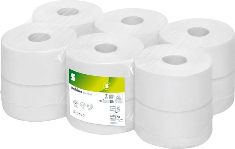 Toilettenpapier Satino by WEPA Comfort Jumbo small 317570, für Spendersystem JT1, Recyclingpapier,
Waffelprägung, 3-lagig, hochweiß, Pack 12
Rollen à 480 Blatt