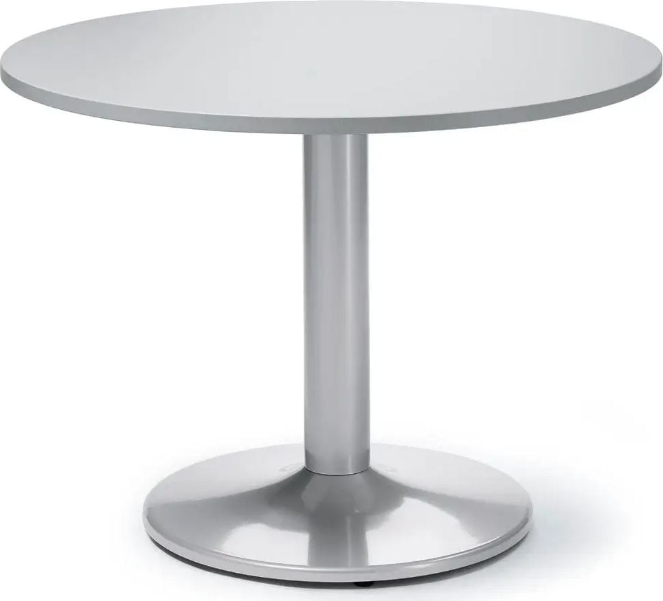 Besprechungstisch Deskin MODUL, 100cm Durchmesser, 73,5cm Höhe, Tellerfuß, Gestell Alusilber RAL 9006, 28kg, grau