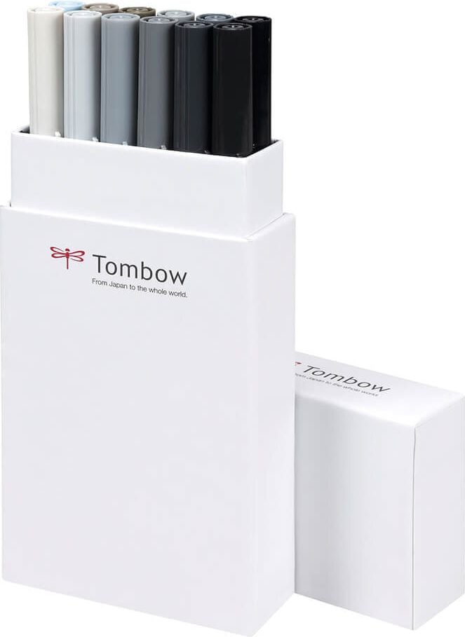 Fasermaler Tombow Abt Dual Brush Pen ABT-12P-3, 2 Spitzen (ca. 0,8 + ca. 0,8-3,3mm), Etui mit
12 Grautönen