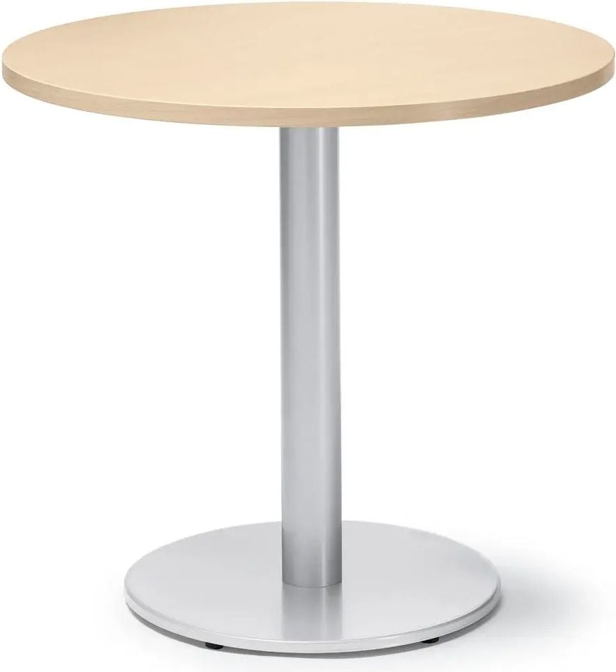Besprechungstisch Deskin MODUL, 80cm Durchmesser, 73,5cm Höhe, Tellerfuß, Gestell Alusilber RAL 9006, 25kg, ahorn