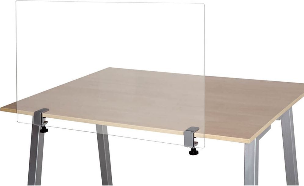 Hygiene-Schutzscheibe Magnetoplan Nies-/Hustenschutz 1102910, 100 x 60 cm, Schreibtisch-Trennscheibe, mit
3 Klemmhaltern, Plexiglas (Acryl)