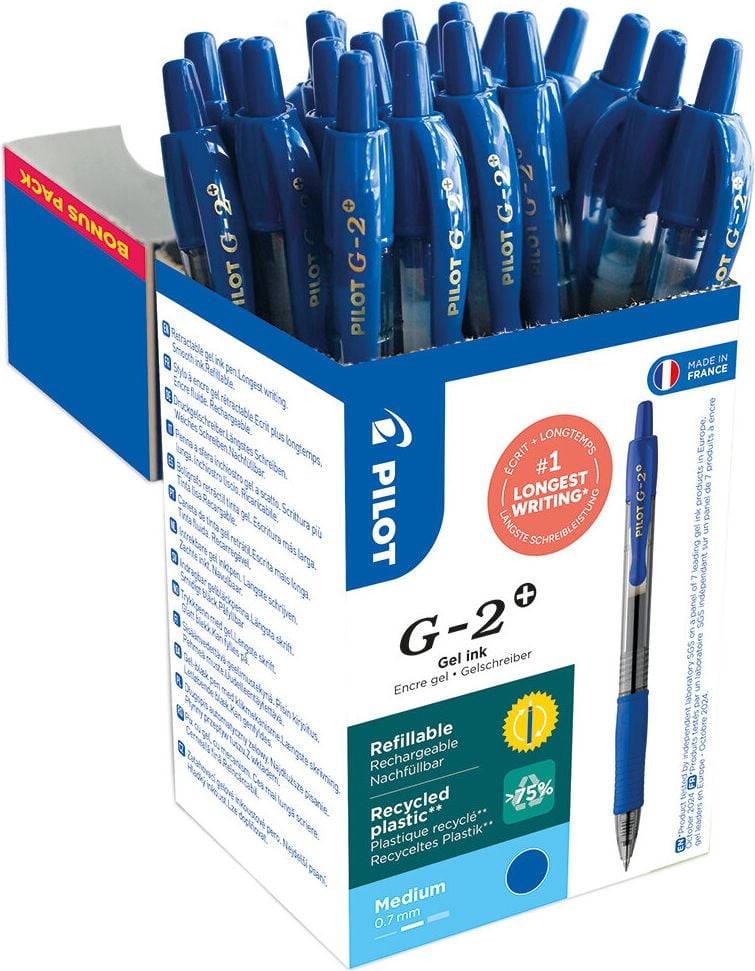 Gelschreiber + Minen Pilot G2-7 2605 Greenpack, 0,4 mm, Druckmechanik, Bonuspack 12 Gelschreiber und 12 Minen (6 gratis), Gehäuse 75% recycelter Kunststoff, blau