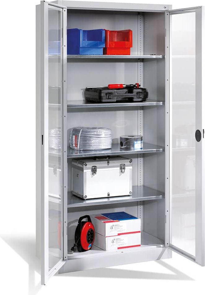 Werkstattschrank CP Serie 89 Werkzeugschrank 8921-055, 93x195x50cm (BxHxT), 4 Böden,
2 Sichtfenster-Flügeltüren, hellgrau