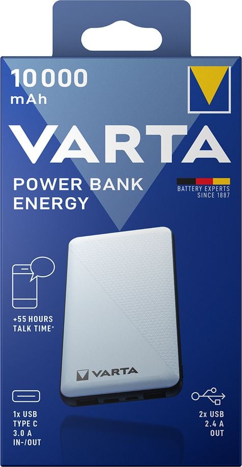 Powerbank Varta 57976 Power Bank Energy 10.000, 10.000 mAh, inkl. Micro-USB Ladekabel, weiß/grau