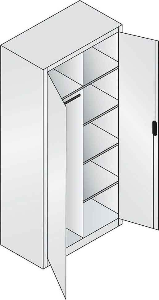Mehrzweck-Garderobenschrank CP C 2000 Acurado 9280-30, 93x195x50cm (BxHxT), mit Sockel, 6 Fächer,
1 Kleiderstange, 2 Flügeltüren, hellgrau