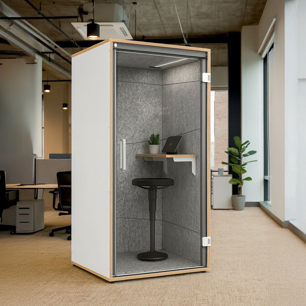 Akustik-Telefonbox Hammerbacher silent Space 1 VTBSS1/W/5/T1, 103,5x217,5x100 cm (BxHxT), schallgedämmt, belüftet, beleuchtet, Glastür, weiß/asteiche