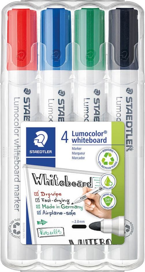 Boardmarker Staedtler Lumocolor whiteboard marker 351 WP4, ca. 2mm, Rundspitze, Gehäuse aus 97% recyceltem Plastik, Etui mit 4 Farben