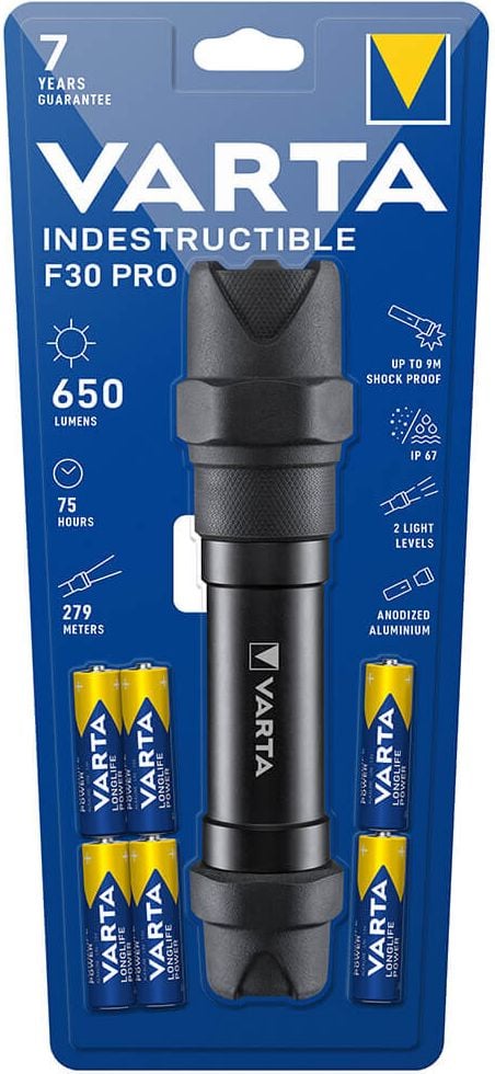 Taschenlampe Varta Indestructible F30 PRO 18714, LED (6W), bis zu 650 Lumen, 279m Leuchtweite, inkl. 6 Mignon-Batterien (AA)