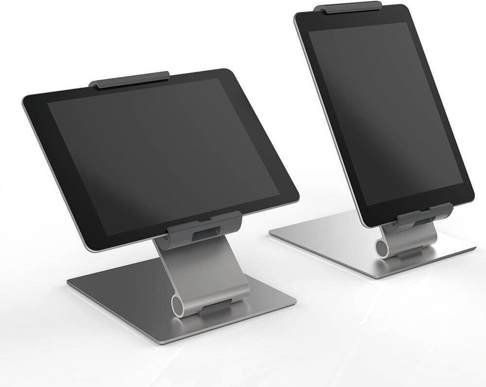 Tablethalterung Durable Tablet Holder Table 8930-23, für 7-13 Zoll Tablets im Hoch- und
Querformat, Tischständer, drehbar, neigbar, silber