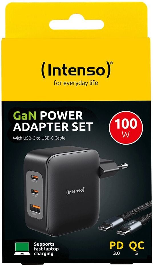 Ladegerät Intenso Power Adapter Set GaN 100 W W100ACC+C520C, 2x USB-C Ausgänge, 1x USB-A Ausgang, 100
Watt, schwarz