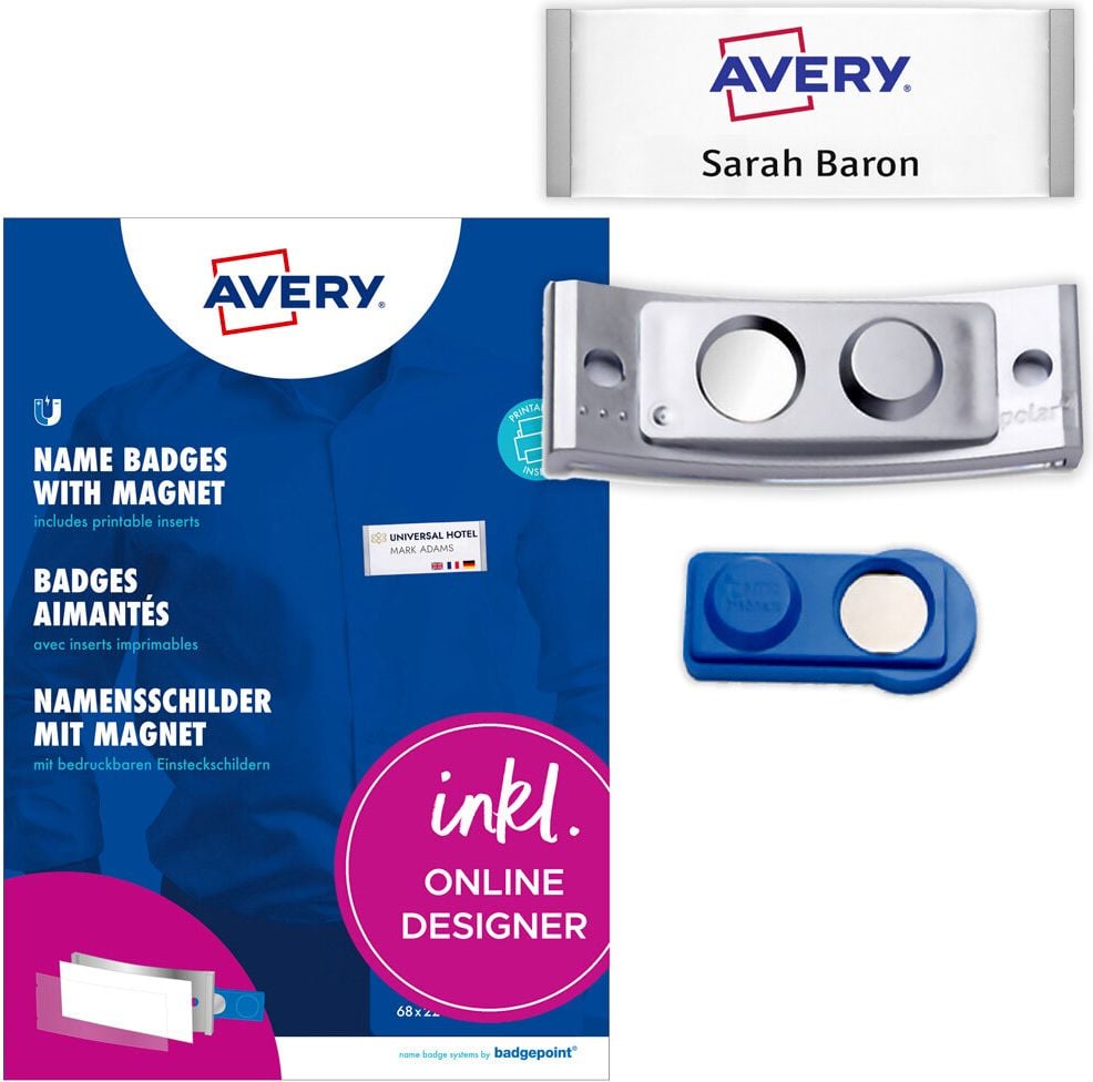 Namensschilder Avery Zweckform POL20MA66-5DR, 68x22mm, verdrehsicher, Doppelmagnet, Edelstahl-Optik, Pack 5 Stück