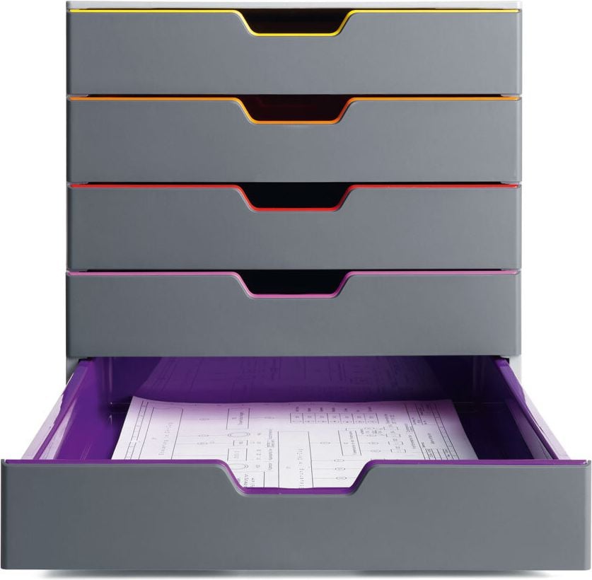 Schubladenbox Durable Varicolor 5 760527, für A4, 5 geschlossene Schubladen, ABS, Korpus grau, abgesetzte Farblinien