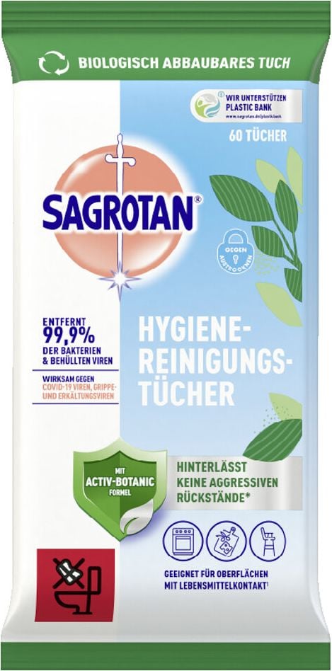 Flächendesinfektionstücher Sagrotan Hygiene-Reinigungstücher, Spenderpack 60 Tücher