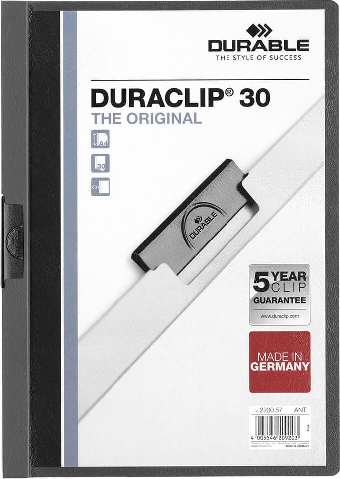 Klemmhefter Durable Duraclip 30 A4 2200, für 30 Blatt, Metallclip, transparenter
Vorderdeckel, farbiger Rückdeckel, anthrazit