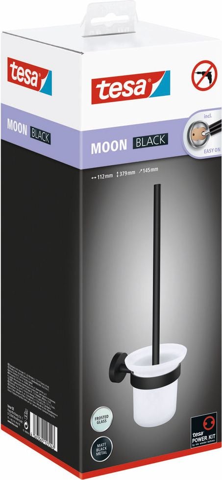 WC-Bürstengarnitur Tesa MOON BLACK 40561-00000-00, Toilettenbürste mit Halterung und Glasbehälter, ohne Bohren, mattschwarz pulverbeschichtetes Metall/satiniertes Glas, schwarz