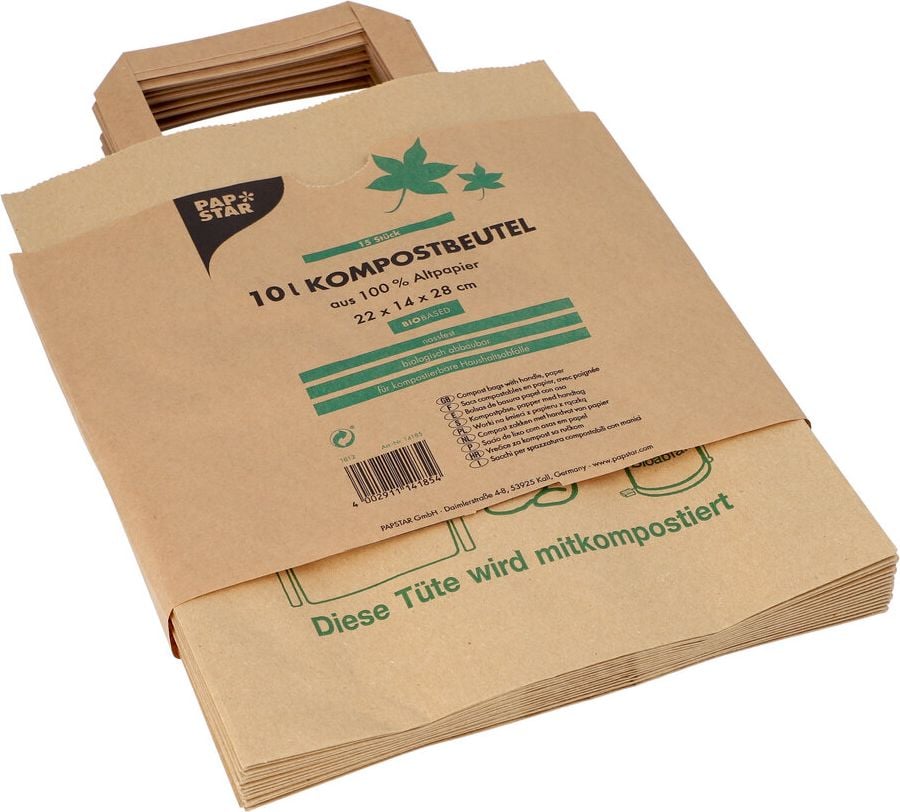 Kompostbeutel Papstar 14185 aus Papier mit Henkel 10 Liter, 28x22x14cm, Kraftpapier 80 g/m², 10 Liter, Henkel, braun, Pack 15 Stück