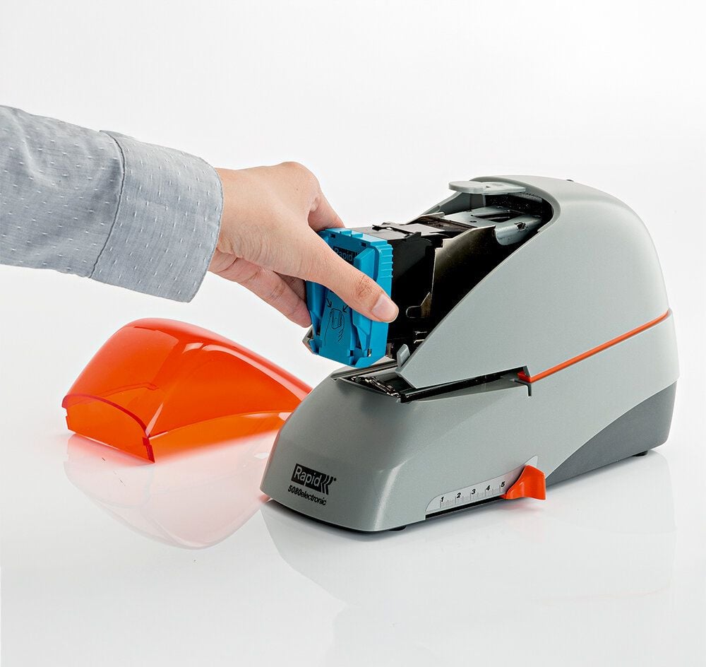 Flachheftgerät Rapid 5080e 20993411, elektrisch, bis 80 Blatt, Einlegetiefe: bis 50mm, für Rapid 5080 Klammern, inkl. Netzadapter und Klammern, silber/orange