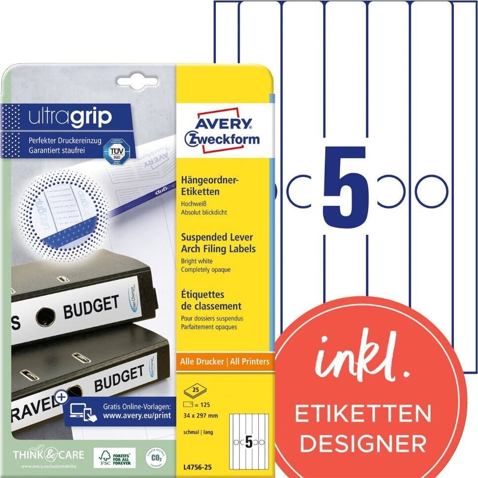 Hängeordner-Rückenschilder Zweckform L4756-25 ultragrip, schmal/lang, 297x34mm, auf A4, weiß, Pack 25
Blatt/125 Stück