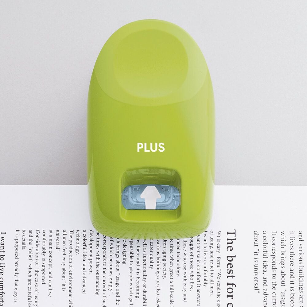 Heftgerät PLUS Japan SL-112A, bis 10 Blatt, Einlegetiefe: ca. 30mm,
klammerlos, grün