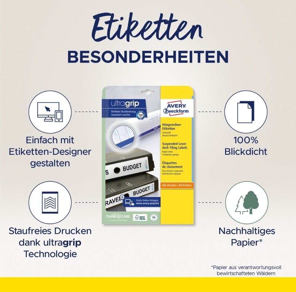 Hängeordner-Rückenschilder Zweckform L4756-25 ultragrip, schmal/lang, 297x34mm, auf A4, weiß, Pack 25
Blatt/125 Stück