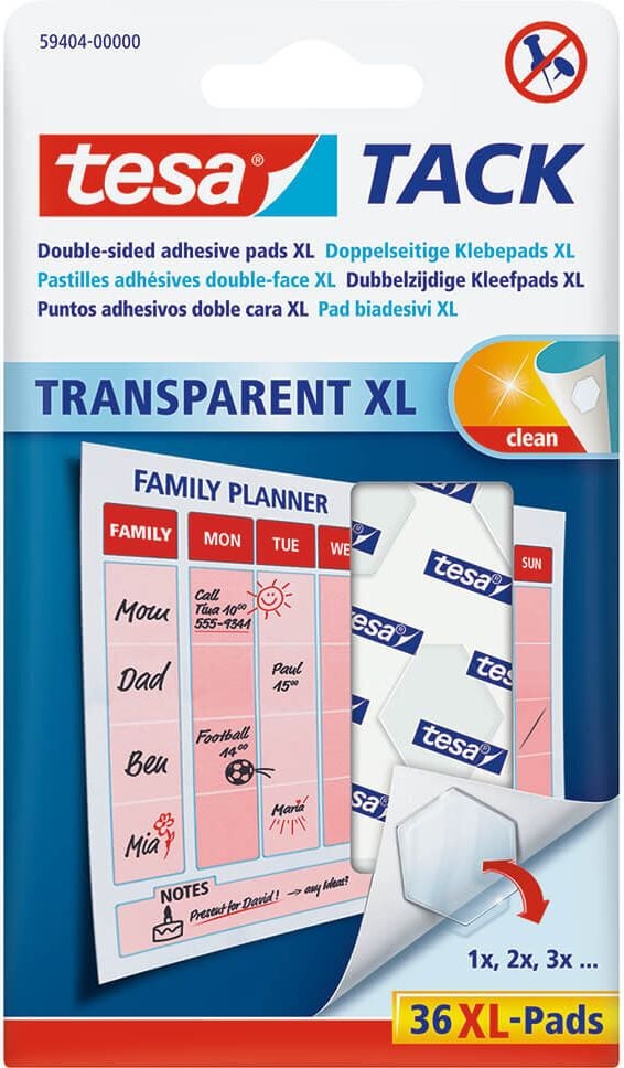 Klebepads Tesa TACK XL 59404-00000-00, 3x3cm, transparent, ablösbar, Pack 36 Stück