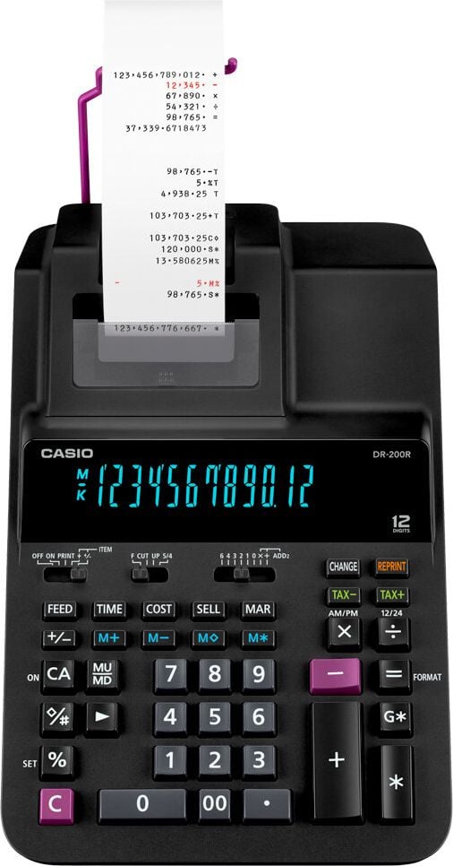 Tischrechner Casio DR-200R, druckend, 12-stelliges Display, Netzbetrieb