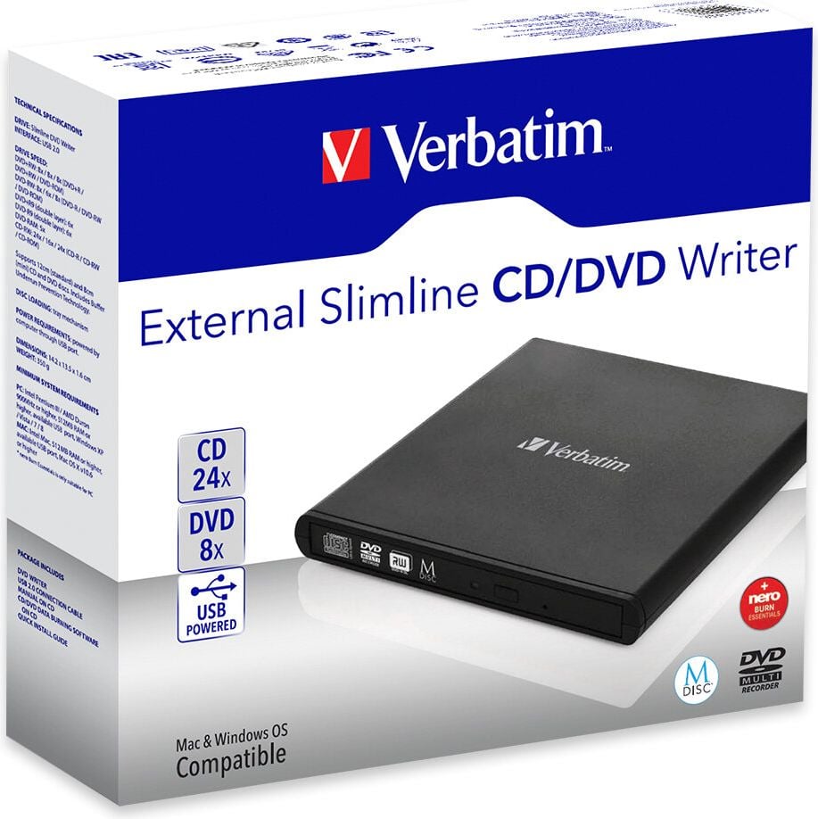 Externer CD/DVD-Brenner Slimline Verbatim 98938, USB 2.0, M-DISC kompatibel, USB-A zu USB-C
Adapter, 142x135x16mm