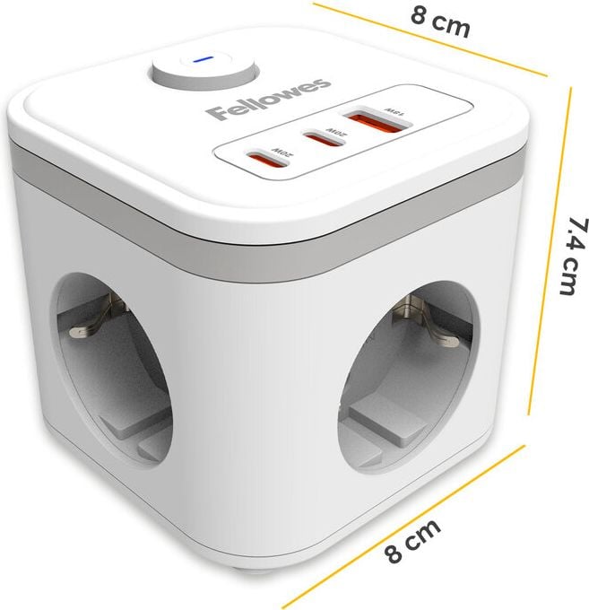 Steckdosenwürfel Fellowes Power Cube Type F, 3x Steckdosen, 1x USB-A, 2x USB-C, Kabellänge
2m, Ein-/Ausschalter, weiß