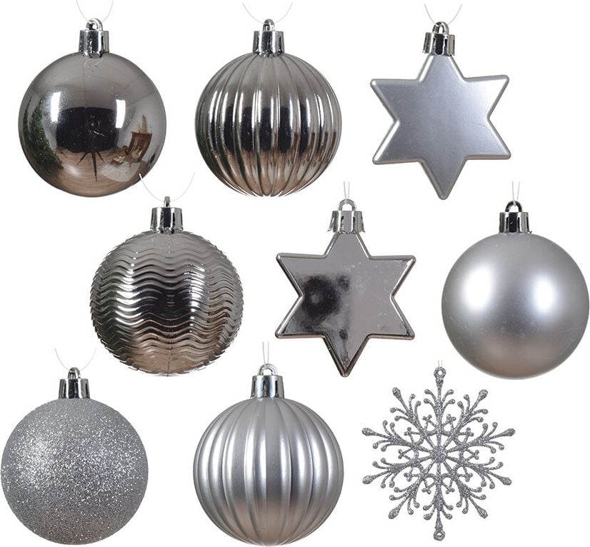 Weihnachtskugel-Mix DECORIS 023922, 4-6cm Durchmesser, Kunststoff, silber, Pack 40 Stück