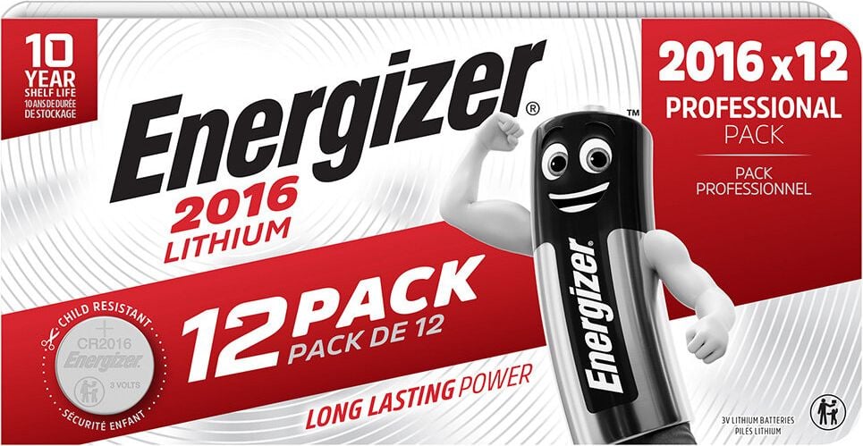 Knopfzellen Energizer Lithium CR2016, 3 Volt, frei von Quecksilberzusatz, Pack 12 Stück