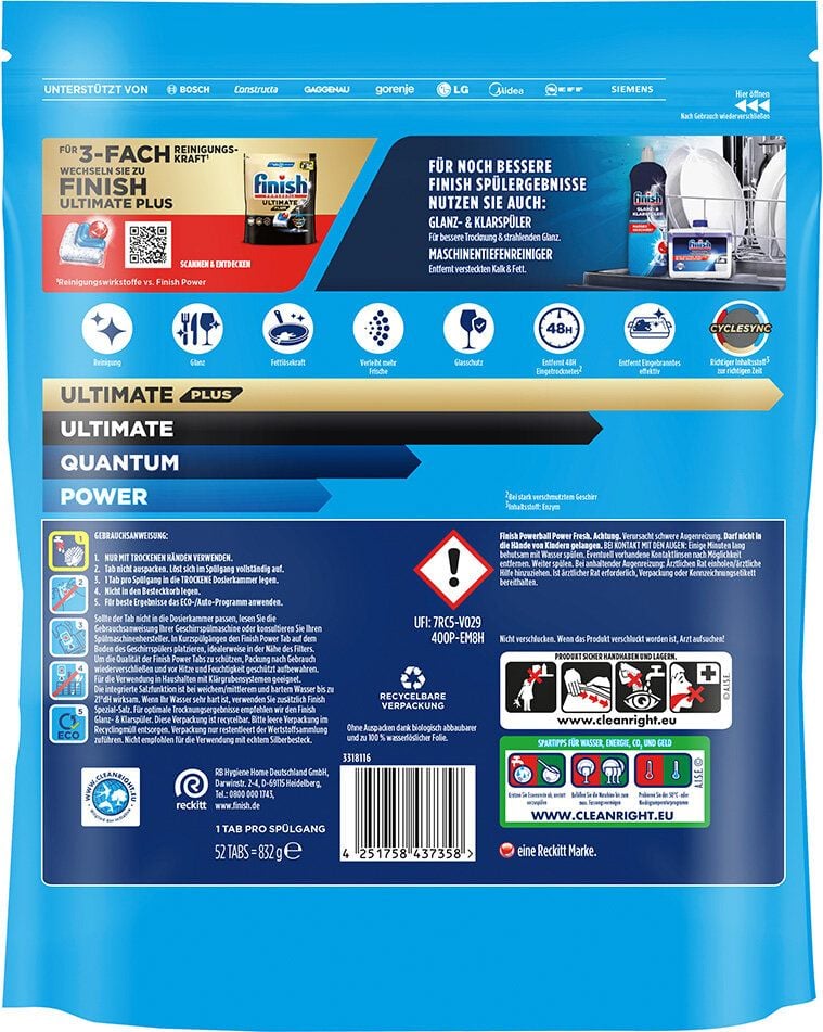 Spülmaschinentabs finish Power Fresh Maxipack, Pack 52 Tabs, in wasserlöslicher Folie