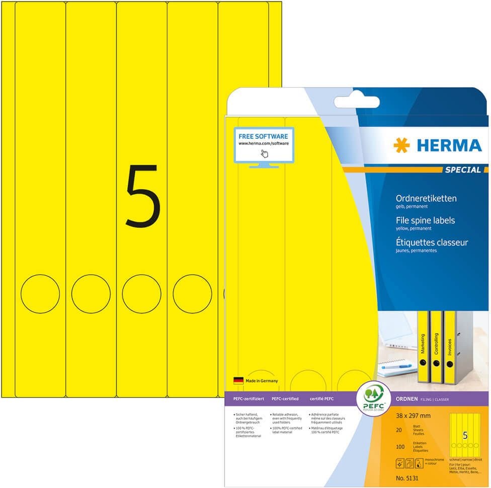 Rückenschilder Herma 5131, schmal/lang, 297x38mm, auf A4, gelb,
Pack 20 Blatt/100 Stück