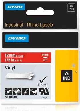 Schriftbänder Dymo RHINO Vinyl 1805416, weiß auf rot, 12mm/5,5m, Vinylband